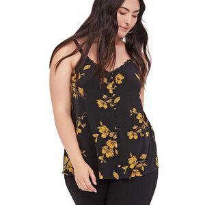 Wrinkle-Resistant Button Front Flower Cami Women Plus Size 26/4x Black Swing Top